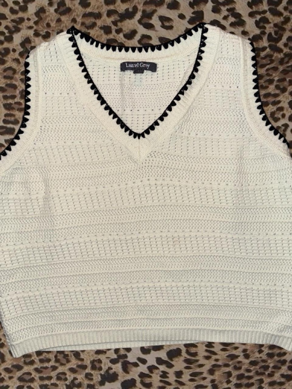 Cream V-Neck Knit Tank with Black Trim
